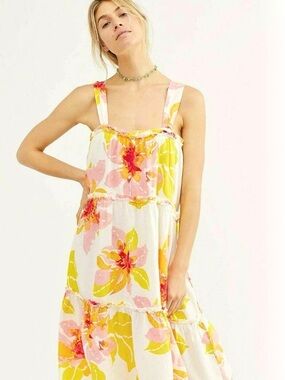 Free People Floral Tiered Midi Dress Raw Hem Boho Linen Blend XS